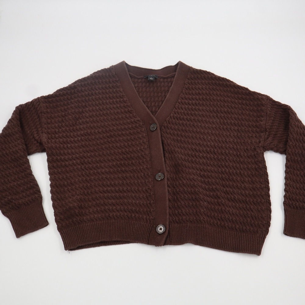 Ann Taylor Factory Brown Textured Knit V-Neck Button Front Cardigan Sweater L